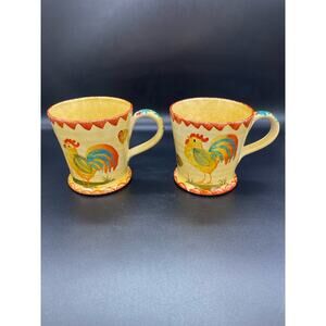 Vintage Italica ARS Pottery Set of 2 Mugs Cups Hand Painted Rooster Italy